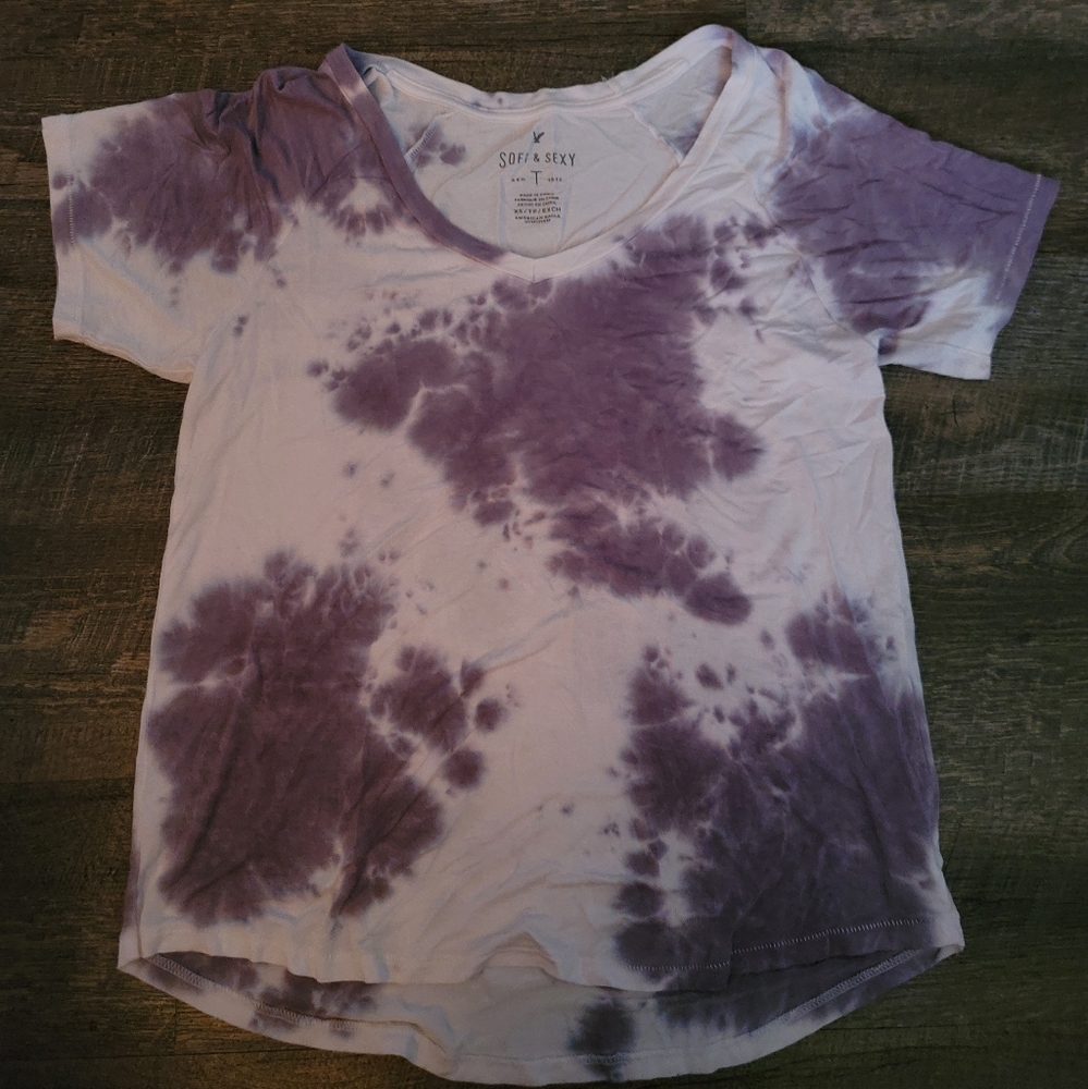 American Eagle Outfitters Women's Tie-Dye Short Sleeve Tee - Purple & White